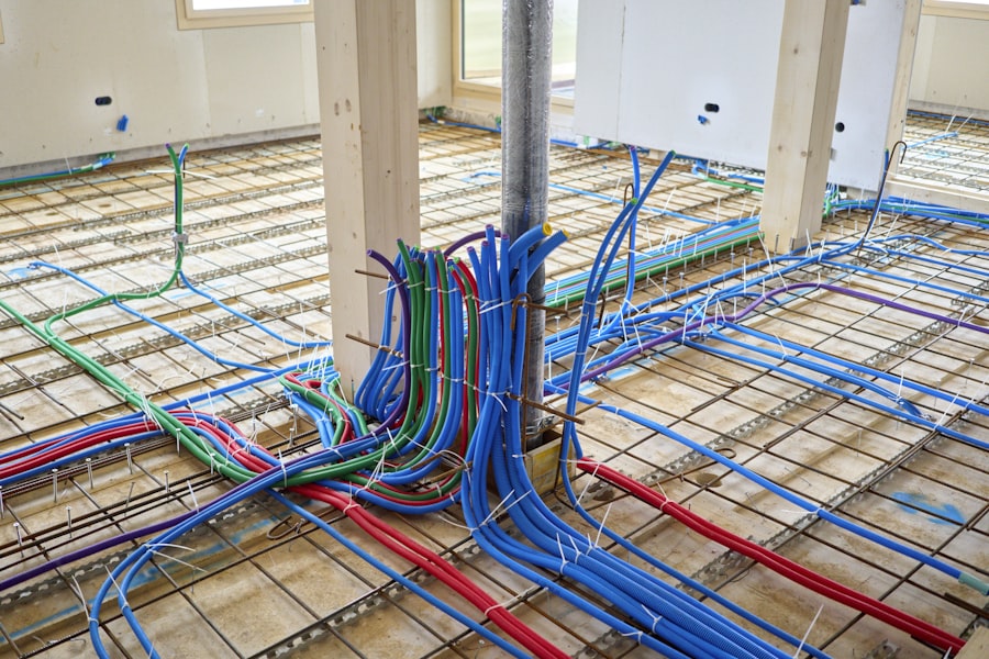 Coloured PEX tubing routed through a metal mesh subfloor for in-floor radiant heating